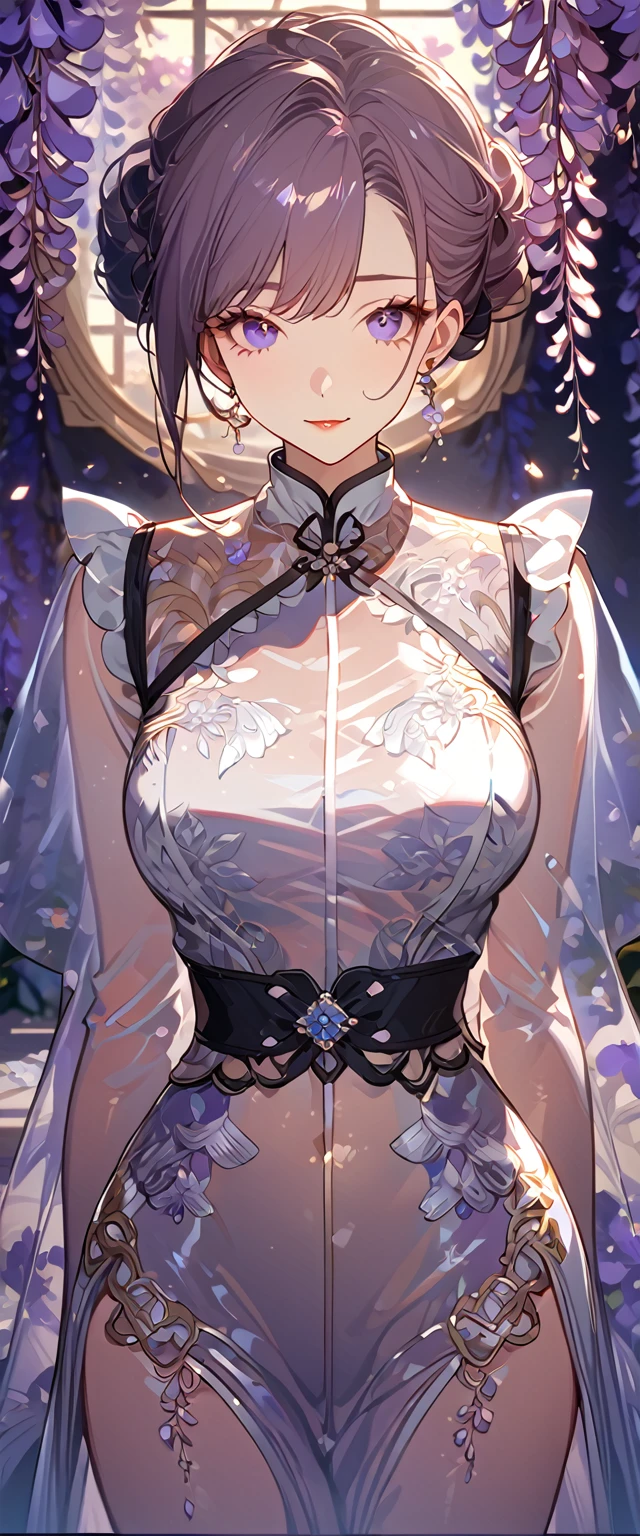 wisteria flower, wisteria tree, wisteria background, 8k ,4k , best quality, high quality, masterpiece, transparent clothes, embroidery clothes, big chest, all kind of hairstyle, inspired by Asukaziye artist : ask, art style : ask
