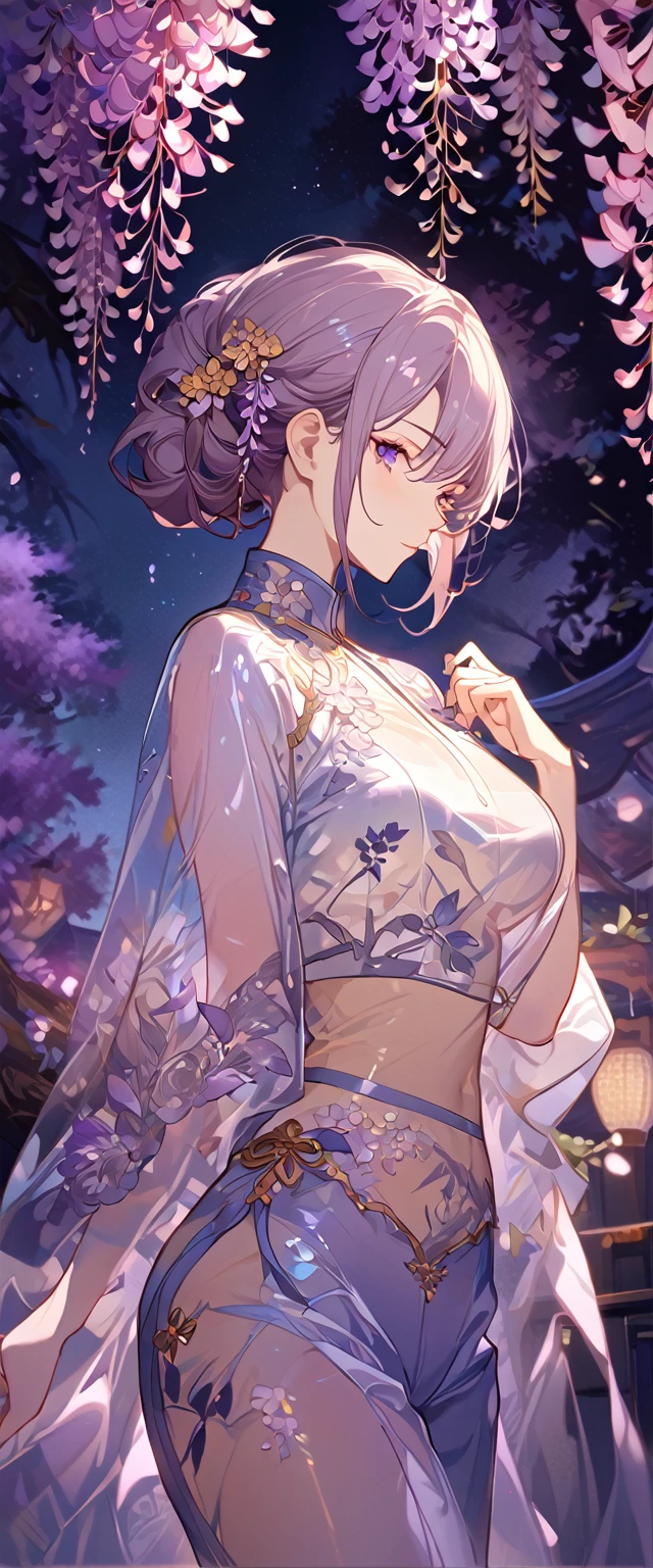 wisteria flower, wisteria tree, wisteria background, 8k ,4k , best quality, high quality, masterpiece, transparent clothes, embroidery clothes, big chest, all kind of hairstyle, inspired by Asukaziye artist : ask, art style : ask