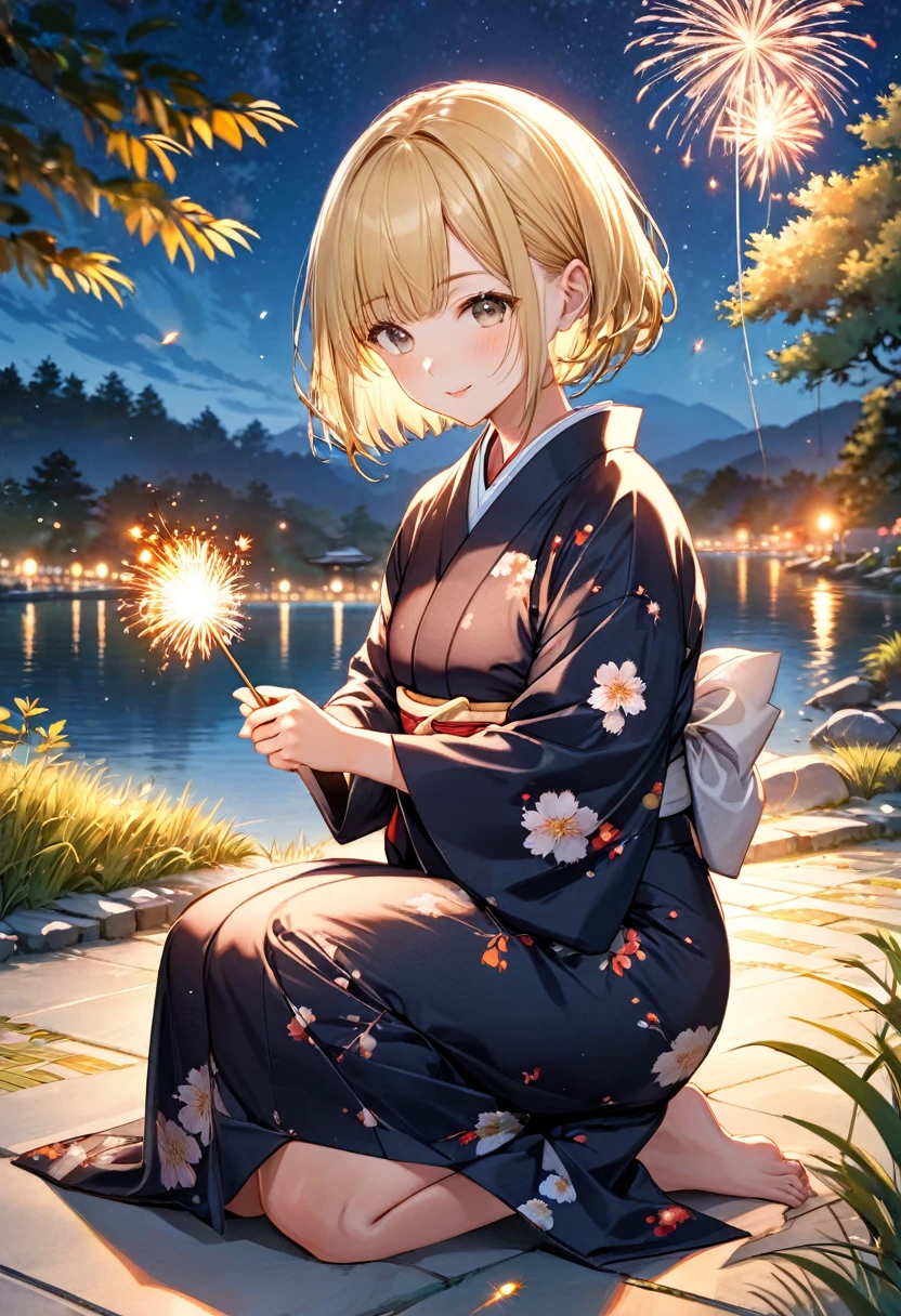 Create a scene featuring a cute girl with a blonde bob haircut enjoying senko hanabi (Japanese sparklers) while wearing a beautiful yukata with a traditional pattern. She is in a squatting position, holding the sparkler correctly: she grips the stick at the top with the burning end clearly pointing downward toward the ground. Emphasize the correct orientation by specifying that the flames and sparks are visibly falling downward. Her hand is steady, holding the sparkler in a relaxed manner, with the tip of the sparkler pointing directly to the ground. The setting is a tranquil summer evening outdoors, with the soft glow of the sparklers illuminating her joyful and serene expression. The background includes elements like a traditional Japanese garden or a quiet riverside, under a starry night sky. Capture the peaceful and reflective mood of a summer night, emphasizing the quiet beauty and fleeting nature of the sparklers