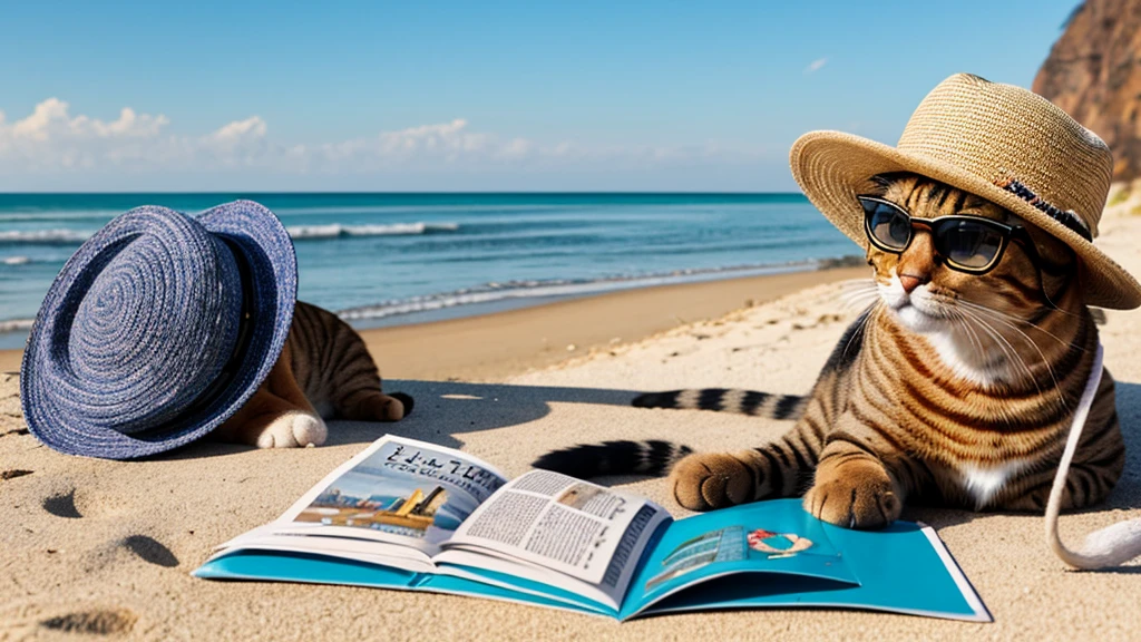 A cat in glasses and a hat reads a magazine on the seashore