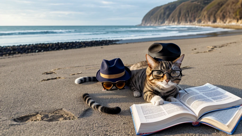 A cat in glasses and a hat reads a magazine on the seashore