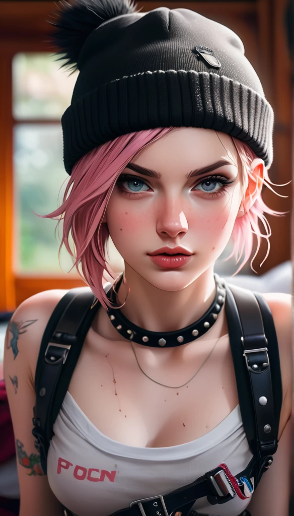Thorough, analog style, eye focus, highest quality, (highly detailed skin), photo of a exquisitely beautiful pale skin punk Dutch girl, 21yo, (wearing harness, and beanie), perfect face, alluring eyes, [seductive makeup], skin pores, (piercing:0.5), indoor, messy bedroom, (bokeh:0.6), sharp focus, dappled lighting, (backlighting:0.7), film grain, photographed on a Sony A7R IV, 18mm F/1.7 cine lens, (highly detailed, intricately detailed), 8k, HDR, seductively posing, front view, (uppper body:0.9)