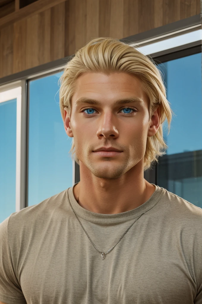 A man with blue eyes, hunter eyes blonde hair 6'2 height