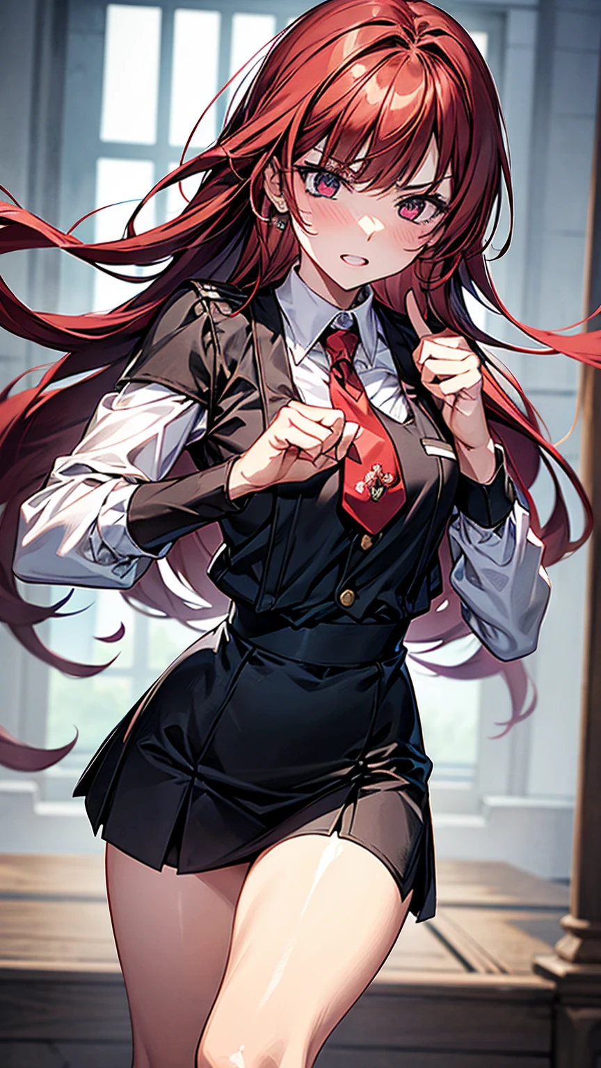 {{masterpiece}}, {{{best quality}}},{{ultra-detailed}}, {{illustration}},{{tall stature}},{{adult women}},{{Fighting stance}},,,{{blushing with anger}},,{{Long sleeve mini skirt uniform}},,,{{blushing with anger}},}{}},{fighting stance}},{},{}, ,{{}},{{Eyelet foot}},,{{From Below }},{{v-shaped eyebrows}},,{{}},{{}},,Slender body}}{{Avoidance}}{{Female police officer}},,,,suspenders　,Long sleeve mini skirt uniform, White High Socks,Black fingerless gloves, Long Red Hair, Red tie,Straight hair ,Blunt bangs,Thigh holster,.amountn loafer,,blush,Wrinkles ,amount,Grit your teeth,suffering,.,Sweat dripping,Medium chest ,get annoyed,,Slums,,Twisting,