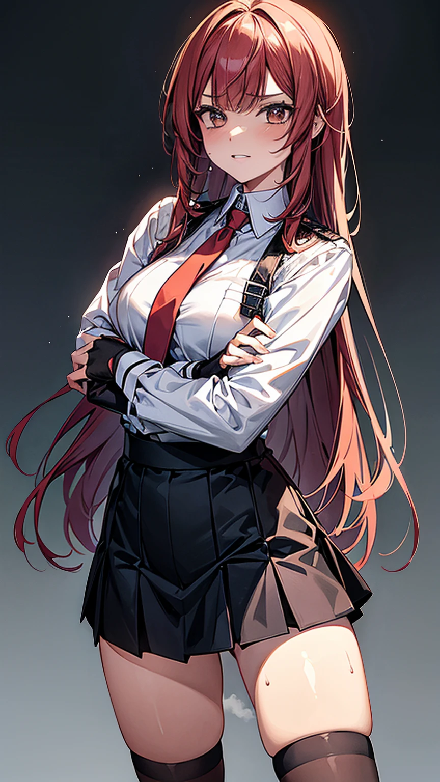 {{masterpiece}}, {{{best quality}}},{{ultra-detailed}}, {{illustration}},{{tall stature}},{{adult women}},{{Fighting stance}},,,{{blushing with anger}},,{{Long sleeve mini skirt uniform}},,,{{blushing with anger}},}{}},{fighting stance}},{},{}, ,{{}},{{Eyelet foot}},,{{From Below }},{{v-shaped eyebrows}},,{{}},{{}},,Slender body}}{{Avoidance}}{{Female police officer}},,,,suspenders ,Long sleeve mini skirt uniform, White High Socks,Black fingerless gloves, Long Red Hair, Red tie,Straight hair ,Blunt bangs,Thigh holster,.amountn loafer,,blush,Wrinkles ,amount,Grit your teeth,suffering,.,Sweat dripping,Medium chest ,get annoyed,,Slums,,Twisting,