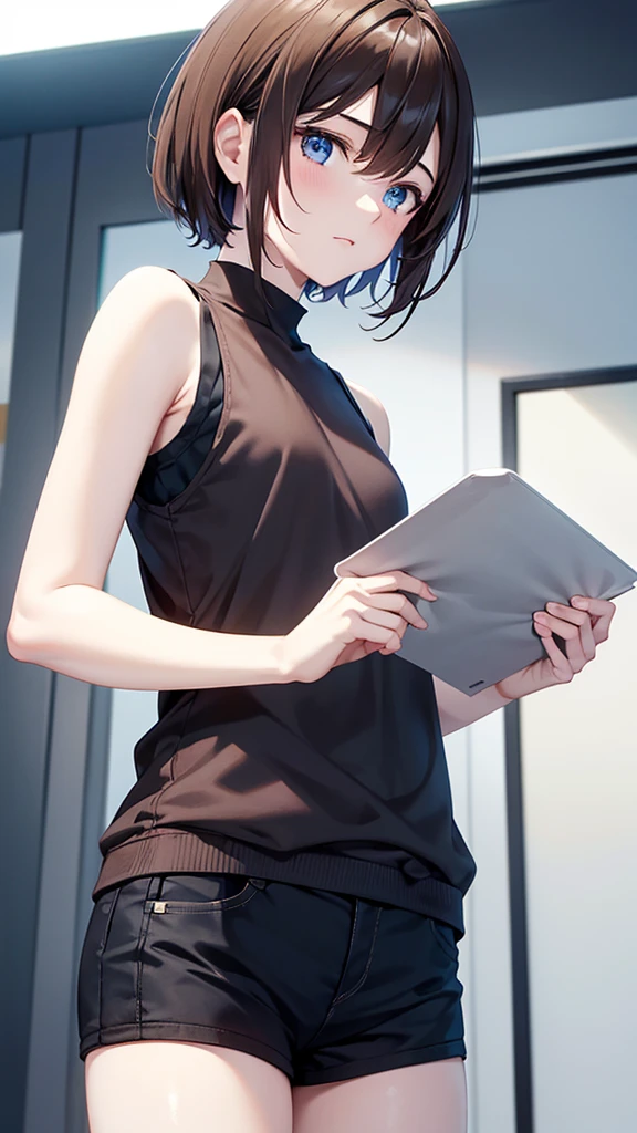short hair, brown hair, blue eyes, sleeveless shirt, standing, Pale skin, looking at viewer, --niji 5 --ar 2:3 --s 1000