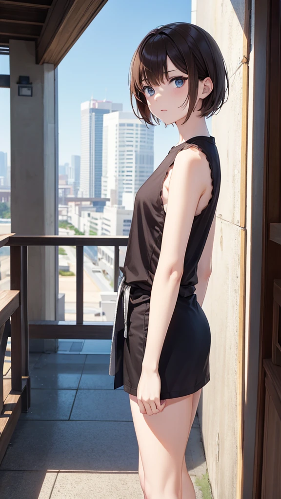 short hair, brown hair, blue eyes, sleeveless shirt, standing, Pale skin, looking at viewer, --niji 5 --ar 2:3 --s 1000