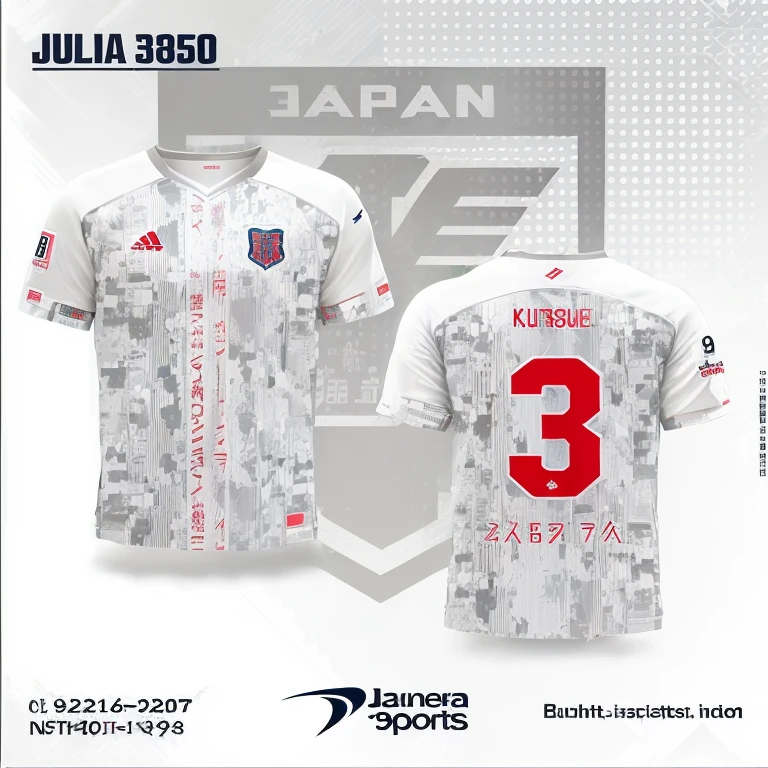 a close-up of a football shirt with the number 3, inspired by Josetsu, Fujita Goro, Japan, Japanic style, Bakusen, inspired by Takeuchi Seiho, goto fujita, Fujita Goro!, inspired by Tsubasa Nakai, retro 9 0 s Japanese