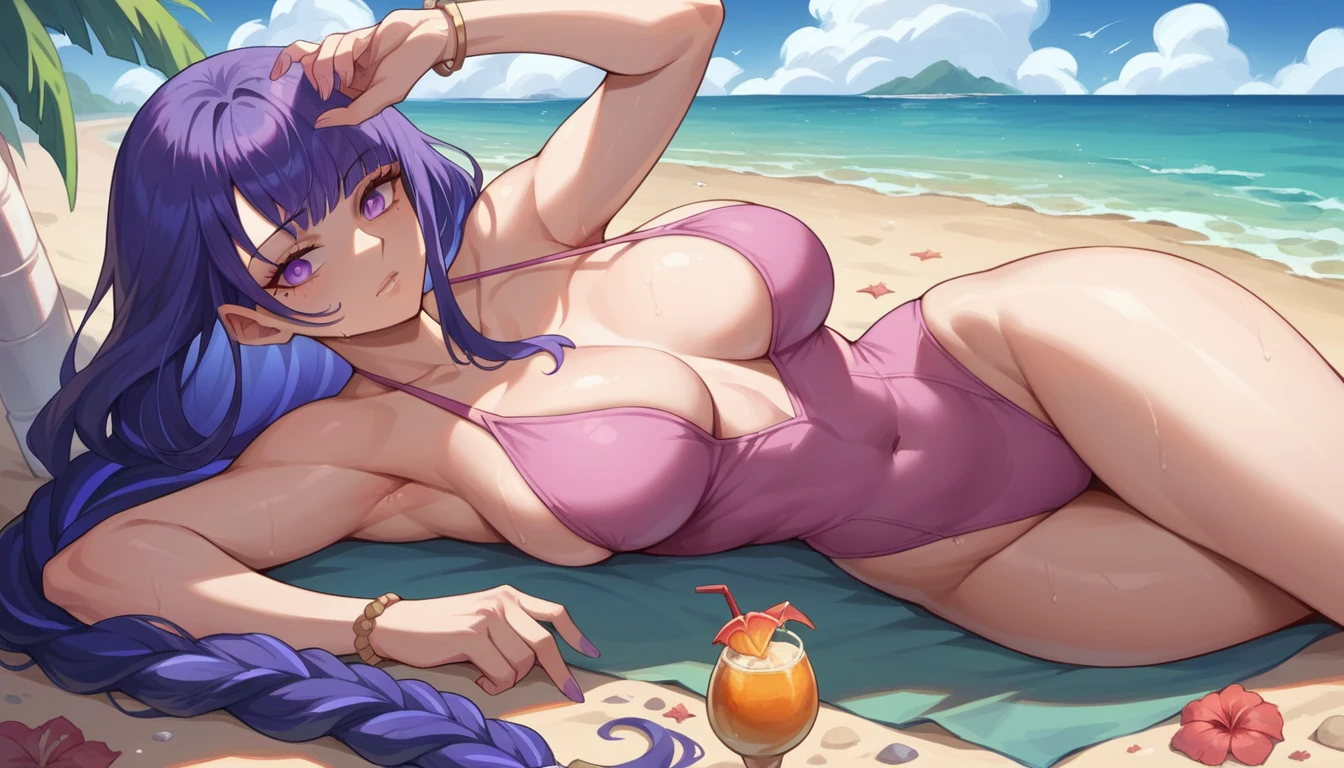 Raiden shogun,beautiful girl,adult,big breasts,correspond,Pink One Piece Swimsuit Low Bust ,Stand,beach,No veil,mother,