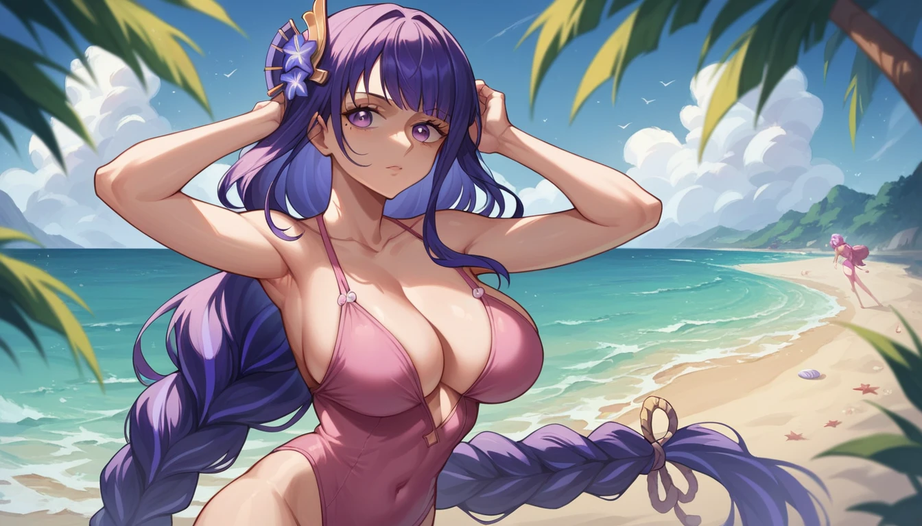 Raiden shogun,beautiful girl,adult,big breasts,correspond,Pink One Piece Swimsuit Low Bust ,Stand,beach,No veil,mother,