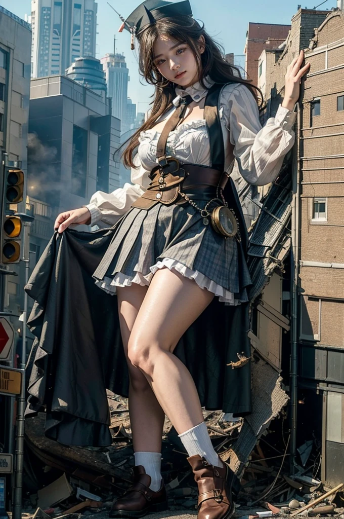 Fisheye Lens、looking at the camera、steampunk、Standing on top of a ruined building、Big building explosion、The building collapses、Urban hustle and bustle、Traffic jam、City of Rubble、street tree、Car and bus、truck、taxi、City boulevard、Pedestrian bridge、Streetcar route、((((High school girl cosplay))))、Frilled maid outfit、((Super huge breasts))、((Plump thighs))、Ground View,City of Giants,500 foot tall giant girl,skyscraper,Has super long legs,Step into the crowd,There are many people on the street,Knee-high socks、loafers,A happy look,Standing on the ruins,Beautiful appearance,Exquisite makeup,quality,8k,高quality,Perfect Proportions, Cinema Lighting,Film Grain,The Colors of Fuji,8k,Textured skin,Super Detail,High detail,high quality,High resolution,explode,False Smile、Reaching out
