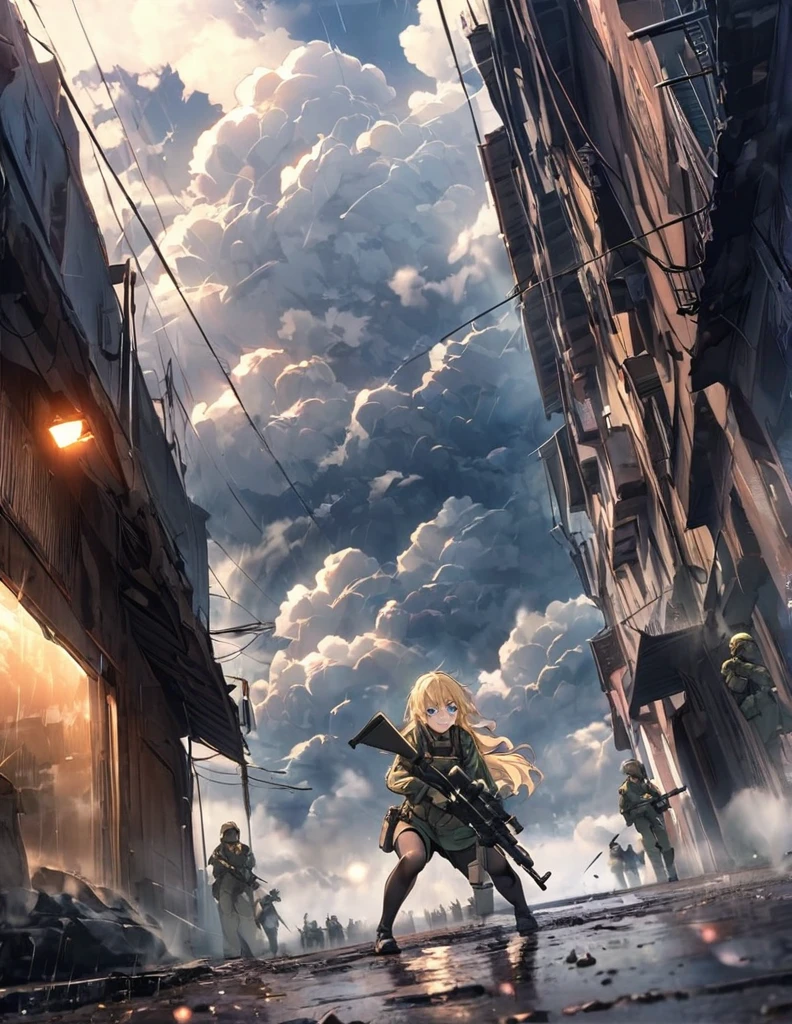 (anime)、(masterpiece:1.2),Atmospheric perspective,Lens flare、Fog of Battlefield、Thick clouds cover the sky, Makes the world look grey、When it rains, The female soldier is crouching.。With an irritated look on his face, he vows revenge..。Rain-soaked hair、blonde、blue eyes、、Traces of fierce fighting are everywhere、Smoke rising from everywhere、A work of blurry color M4 Carbine，Possession of a gun