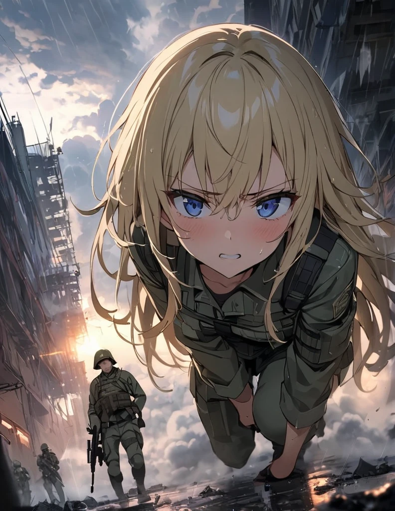 (anime)、(masterpiece:1.2),Atmospheric perspective,Lens flare、Fog of Battlefield、Thick clouds cover the sky, Makes the world look grey、When it rains, The female soldier is crouching.。With an irritated look on his face, he vows revenge..。Rain-soaked hair、blonde、blue eyes、、Traces of fierce fighting are everywhere、Smoke rising from everywhere、A work of blurry color M4 Carbine,Possession of a gun