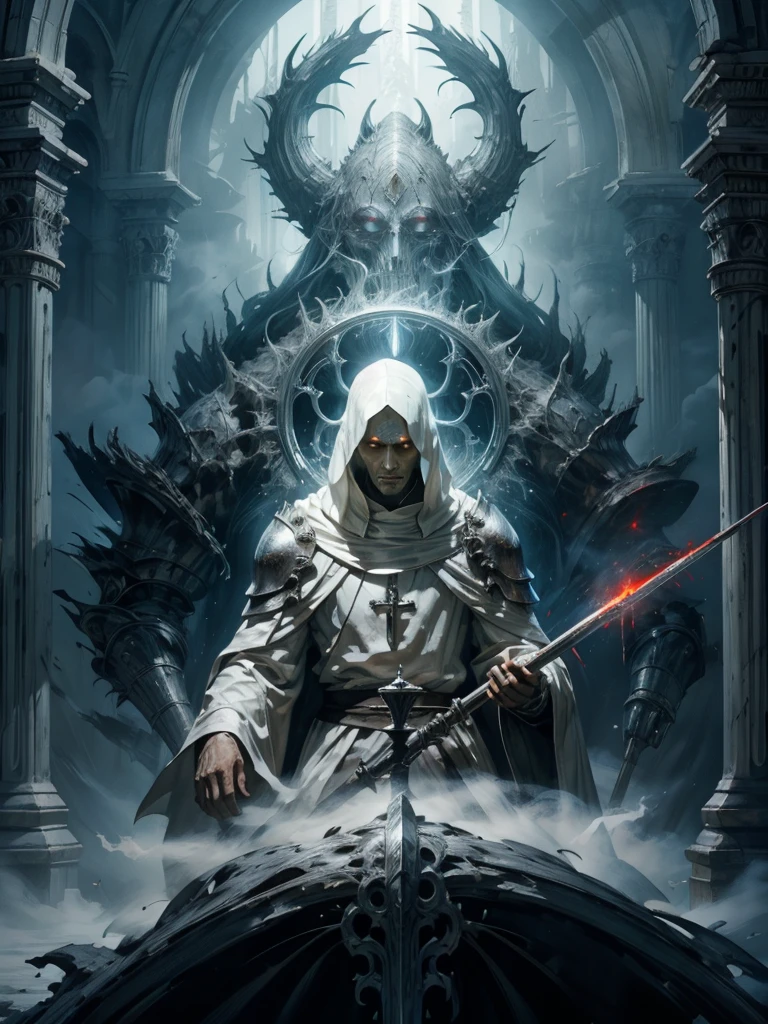 A priest,wearing a white tunic,holding a staff,peaceful face,fog in background,illuminated room,(fog: 1,5),black fantasy ,Mediovale,darksouls,the ring of fire,(bloodstains: 1,5),detailded,realisitic,4K