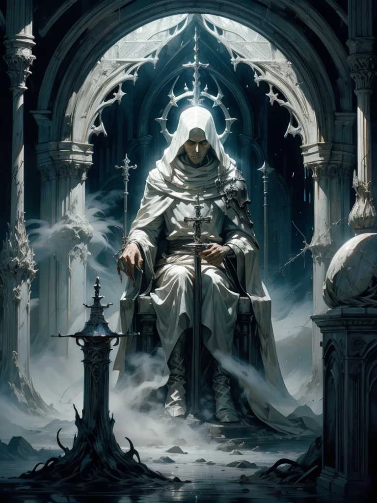 A priest,wearing a white tunic,holding a staff,peaceful face,fog in background,illuminated room,(fog: 1,5),black fantasy ,Mediovale,darksouls,the ring of fire,(bloodstains: 1,5),detailded,realisitic,4K