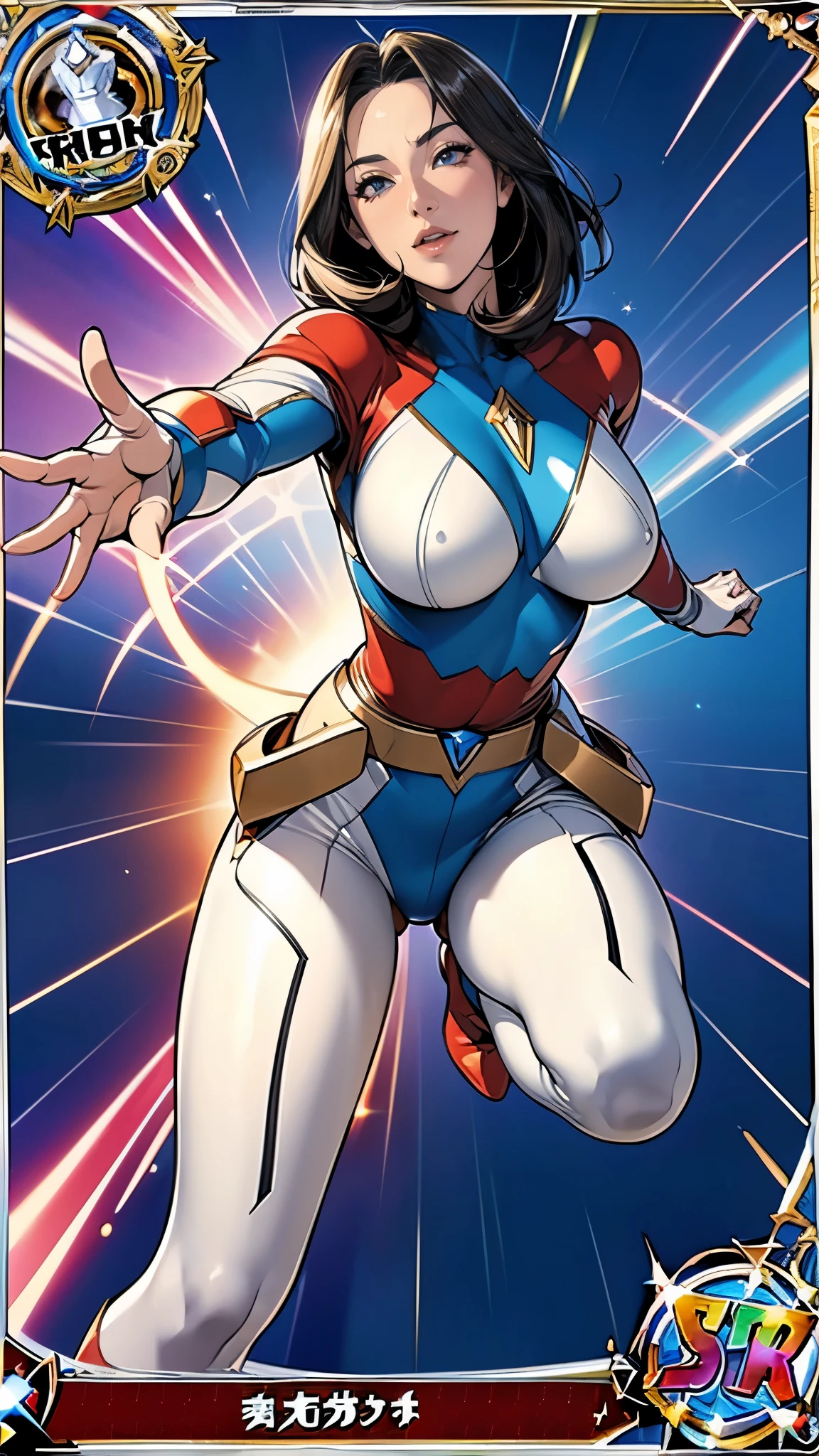 (masterpiece:1.2, Highest quality, Highest quality),(Super detailed),8k,wallpaper,(((1 female))),Mature female heroine,48 years old,Ultramanに変身する熟女,(((Dynamic transformation pose:1.5))),(Short Bob),((Dynamic Movement)),break(光沢のあるUltramanユニフォーム),Glowing Skin,Big eyes,Droopy eyes,Long eyelashes,Beautiful thighs,Beautiful Hair,Beautiful Face,Beautiful Eyes,Beautiful body,Beautiful breasts,Beautiful legs,Beautiful fingers,break((Ultraman)),((Ultraman_rise:1.5)),((The background is Prism Flash)),(((Dazzling Light))),(Clenched hands,Raise your arms,From below,Are standing,Light,sunLight),(((Beautiful trading cards:1.3))),((Rare trading cards:1.3))