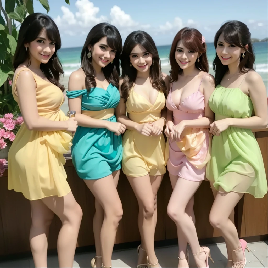 a beautiful woman in a pink dress, smiling, bangs, cleavage, detailed beautiful face, make up, earrings, sensual