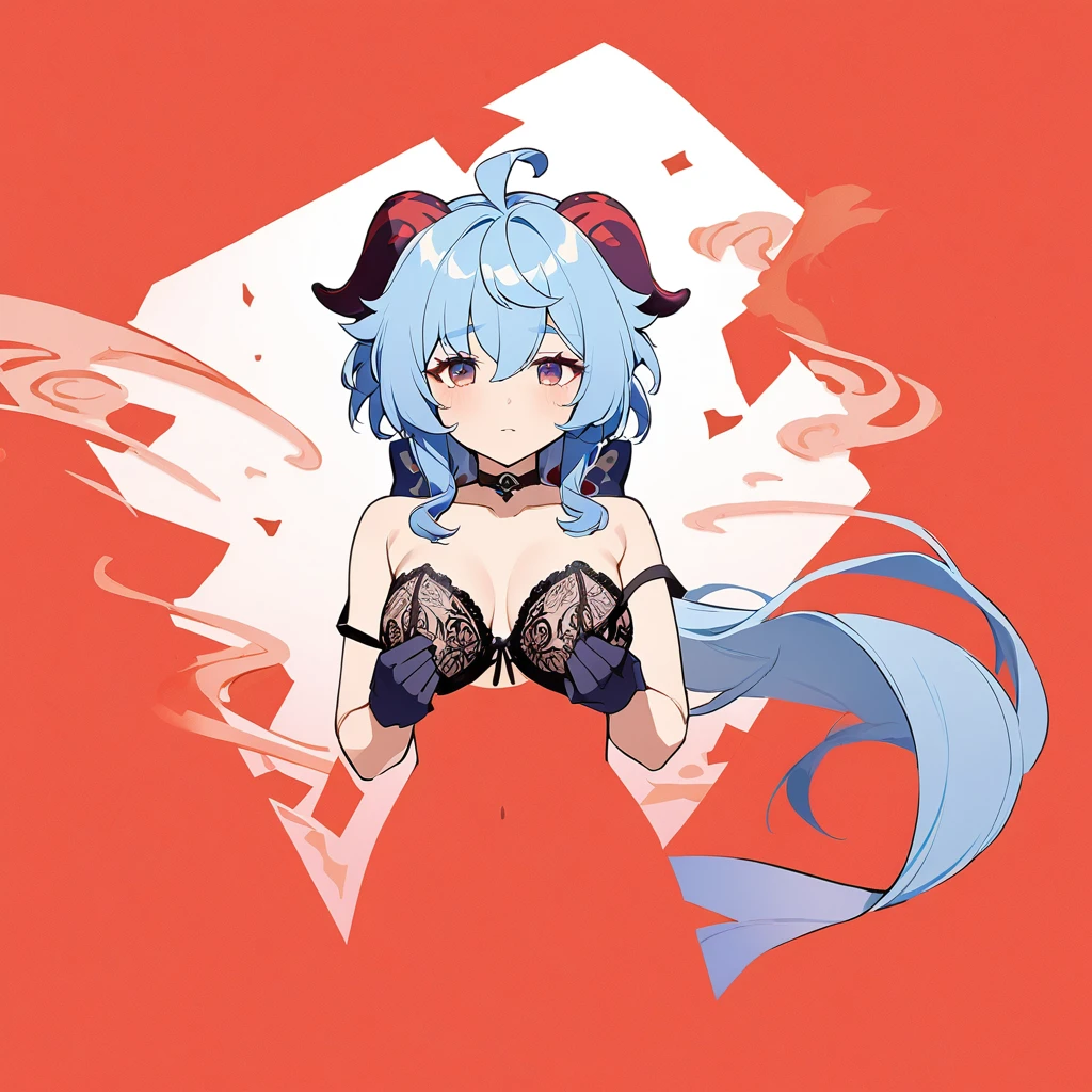 Beautiful Ganyu from Genshin Impact in lingerie,fitting sized strapless bra,bare belly,gloves extending to elbows,choker,collarbone