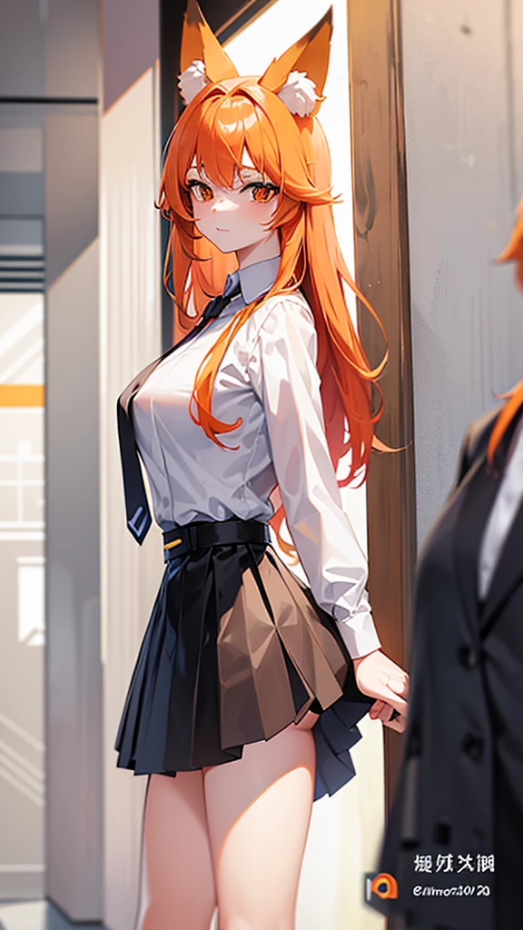 Standing full-length photo in anime style of a cute 20-year-old girl with long orange hair, fox ears. large, delicate body and large bust, wearing sexy  clothes, a loose white blouse, a slim orange tie, a short black skirt, white socks and black shoes. white image background.