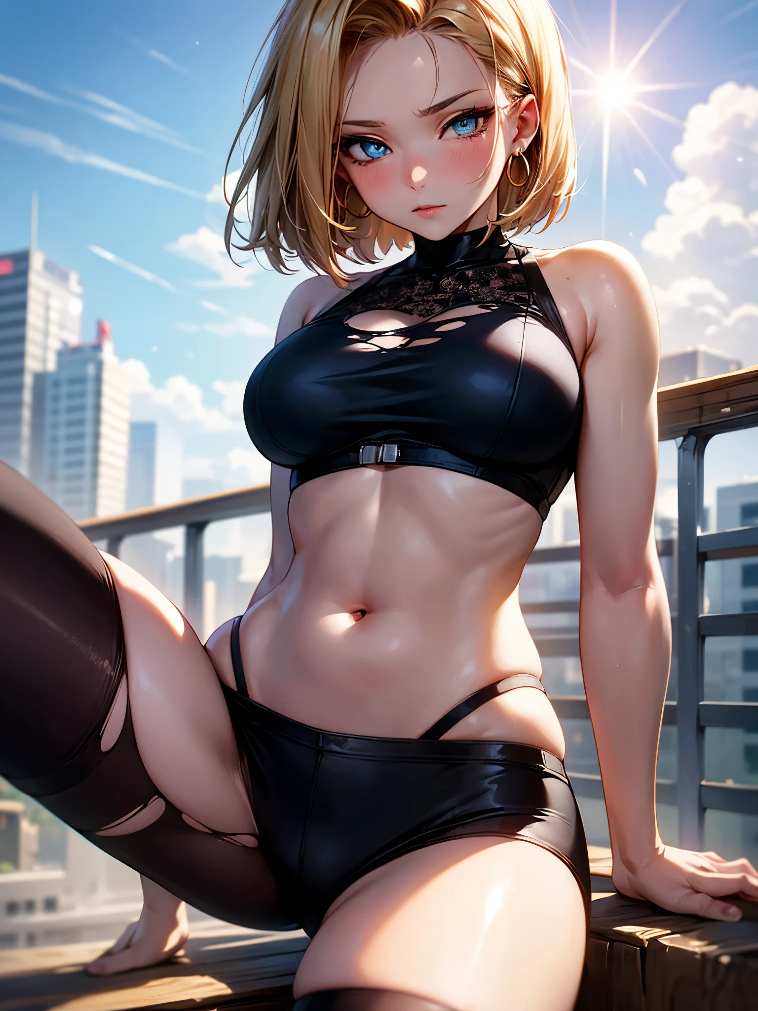 android 18, android 18, blonde hair, blue eyes, eyelash, hoop earrings, short hair, earrings,, black legwear, break outdoors, city, null, cloud, sun, break looking at viewer, (cowboy shot:1.5), break (masterpiece:1.2), highest quality, High resolution, unity 8k wallpaper, (shape:0.8), (beautiful and detailed eyes:1.6), highly detailed face, perfect lighting, Very detailed CG, (perfect hands, perfect anatomy), peeping bra, blush nose,  ((sfw,))arms behind, torn cloth, ((spread legs,)) ((squwad, )),((nsf)),bikini, fullbody,