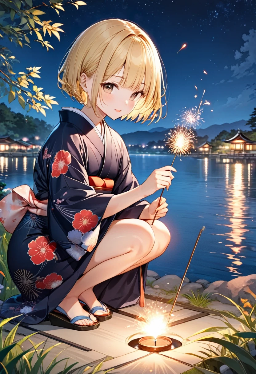 Create a scene featuring a cute girl with a blonde bob haircut enjoying senko hanabi (Japanese sparklers) while wearing a beautiful yukata with a traditional pattern. She is in a squatting position, holding the sparkler correctly: she grips the stick at the top with the burning end clearly pointing downward toward the ground. Emphasize the correct orientation by specifying that the flames and sparks are visibly falling downward. Her hand is steady, holding the sparkler in a relaxed manner, with the tip of the sparkler pointing directly to the ground. The setting is a tranquil summer evening outdoors, with the soft glow of the sparklers illuminating her joyful and serene expression. The background includes elements like a traditional Japanese garden or a quiet riverside, under a starry night sky. Capture the peaceful and reflective mood of a summer night, emphasizing the quiet beauty and fleeting nature of the sparklers