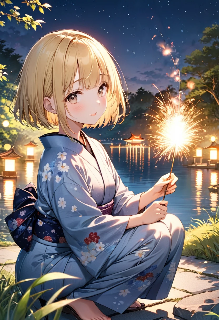 Create a scene featuring a cute girl with a blonde bob haircut enjoying senko hanabi (Japanese sparklers) while wearing a beautiful yukata with a traditional pattern. She is in a squatting position, holding the sparkler correctly: she grips the stick at the top with the burning end clearly pointing downward toward the ground. Emphasize the correct orientation by specifying that the flames and sparks are visibly falling downward. Her hand is steady, holding the sparkler in a relaxed manner, with the tip of the sparkler pointing directly to the ground. The setting is a tranquil summer evening outdoors, with the soft glow of the sparklers illuminating her joyful and serene expression. The background includes elements like a traditional Japanese garden or a quiet riverside, under a starry night sky. Capture the peaceful and reflective mood of a summer night, emphasizing the quiet beauty and fleeting nature of the sparklers