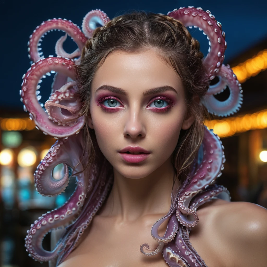 girl 18 years old, ((18 y.o)), pointed nose, masterpiece, best quality, realistic, bright lighting, ((grey eyes)), ultra high resolution, depth of field, (detailed face: 1.2), (detailed eyes: 1.2), (detailed background), (masterpiece: 1.2 ), (ultra detailed), (best quality), complex and complete cinematics, photography, (gradients), colorful, seductive, (fit body), (light skin), slim waist,(best quality,4k,highres,masterpiece:1.2),ultra-detailed,(realistic,photorealistic:1.37), 1 beautiful medusa-like female alien, underwater, vibrant colors, bioluminescence, surreal, grotesque, beautiful detailed eyes, detailed lips, slimy skin, tentacles, intricate patterns, extraordinary creature, unique anatomy, ocean environment, dark abyss, mystifying, mysterious, haunting, eerie, fantasy, hybrid beauty, ethereal, enchanting lighting, With mesmerizing iridescent glowing markings adorning its body, the intricacies of its tentacle parts highlight the rich colors and beautiful soft light. The vast open waters serve as a vivid backdrop, allowing the octopus to soak in every detail, showcasing its Absurd and complex shapes in unparalleled quality. (realistic, hyper-realistic:1.5), thick eyeblows, (superdetailed beautiful ruby eyes:1.8), smiling seductively, (no make-up:1.7), (Exoskeleton with beautiful nautilus design:1.8), pale and white skin with visible veins, beautiful nipples, facee paint with nautilus design,
INFO
((slim hips)), thigh gap, slender body, ((skinny and fit)), thin,16k UHD, (medium breasts)), naked, standing with her legs spread apart, outdoors,sagging breasts,photorealistic, ((long legs)), ((night beach cafe)), ((feet level shot)),