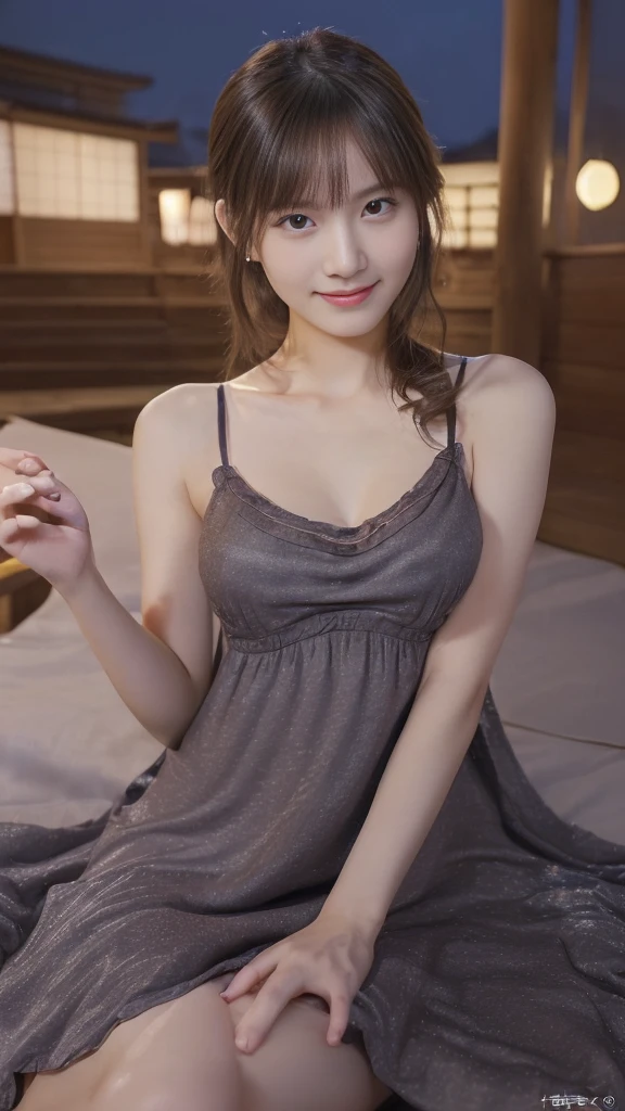 ((((masterpiece、Highest quality、High resolution、Tabletop、wallpaper、Realistic、Bright lighting、Professional Lighting、Face Light、Smooth lighting、Japanese women、Beautiful woman、action、gravure、sexly、so beautiful、Beautiful Skin、Beautiful and exquisite、Detailed face、slim、Looking into the camera))))、((Big Breasts:1.4))、((((japanese,20-years-old,One woman,outdoors,Looking into the camera,night dress:1.5)))),smile,close mouth,Five perfect, beautiful fingers on each side