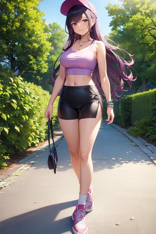 ((masterpiece, best quality, ultra-detailed)), 1girl, beautiful confident woman walking through a garden, smiling, pink tank top, midriff, bracelet, necklace, long black skirt, white sneakers, black socks, wearing headphones and brim cap, full body, wavy purple hair