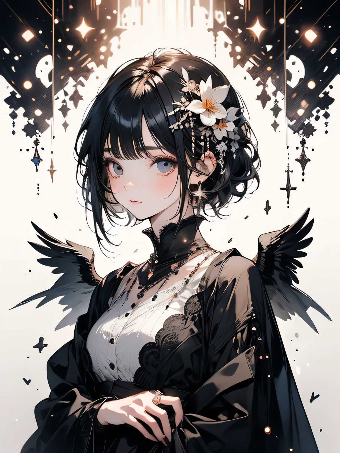 {masterpiece},{Highest quality},{One girl}, cute, wonderful, Beautiful attention to detail, Iris, short hair, Black Hair,In detail,Depth of written boundary,Highly detailed CG,original, Highly detailed wallpaper,Upper Body, View your viewers