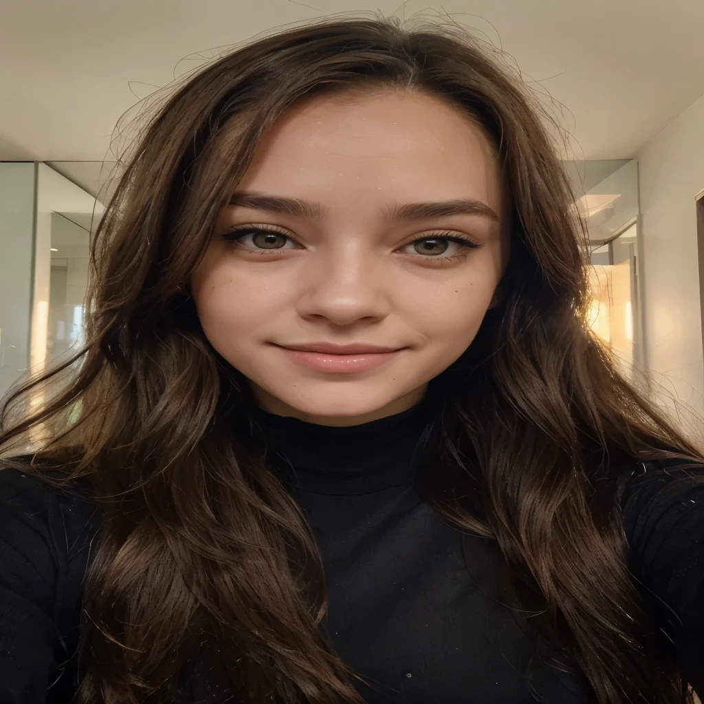 Woman, Straight or blonde hair, hazel eyes, Brachycephalic head structure, Straight nose, Lip structure that is not too thin or too thick, Forehead that is not narrow, Facial bones that are not protruding and angular, Eyes that are not too close, smiling