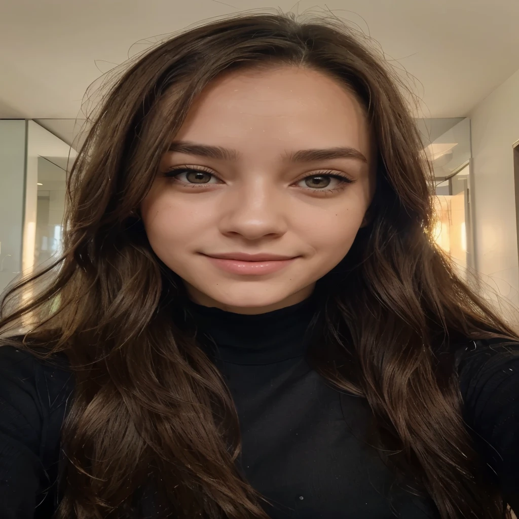 Woman, Straight or blonde hair, hazel eyes, Brachycephalic head structure, Straight nose, Lip structure that is not too thin or too thick, Forehead that is not narrow, Facial bones that are not protruding and angular, Eyes that are not too close, smiling