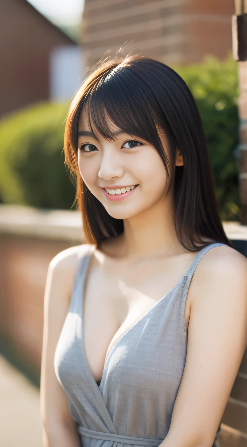 masterpiece,best quality,(Japanese ),((Beautiful girl)),cleavage,(perfect body beauty:1.2),(shy smile),beautiful teeth,(Blurred background of brick buildings),