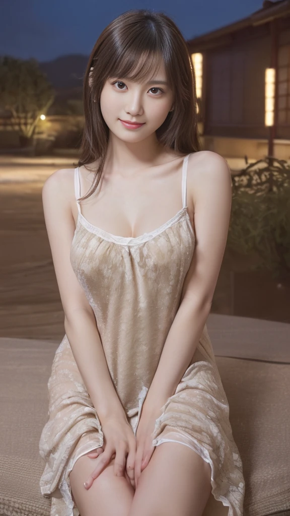 ((((masterpiece、Highest quality、High resolution、Tabletop、wallpaper、Realistic、Bright lighting、Professional Lighting、Face Light、Smooth lighting、Japanese women、Beautiful woman、action、gravure、sexly、so beautiful、Beautiful Skin、Beautiful and exquisite、Detailed face、slim、Looking into the camera))))、((Big Breasts:1.4))、((((japanese,20-years-old,One woman,outdoors,Looking into the camera,night dress:1.5)))),smile,close mouth,Five perfect, beautiful fingers on each side