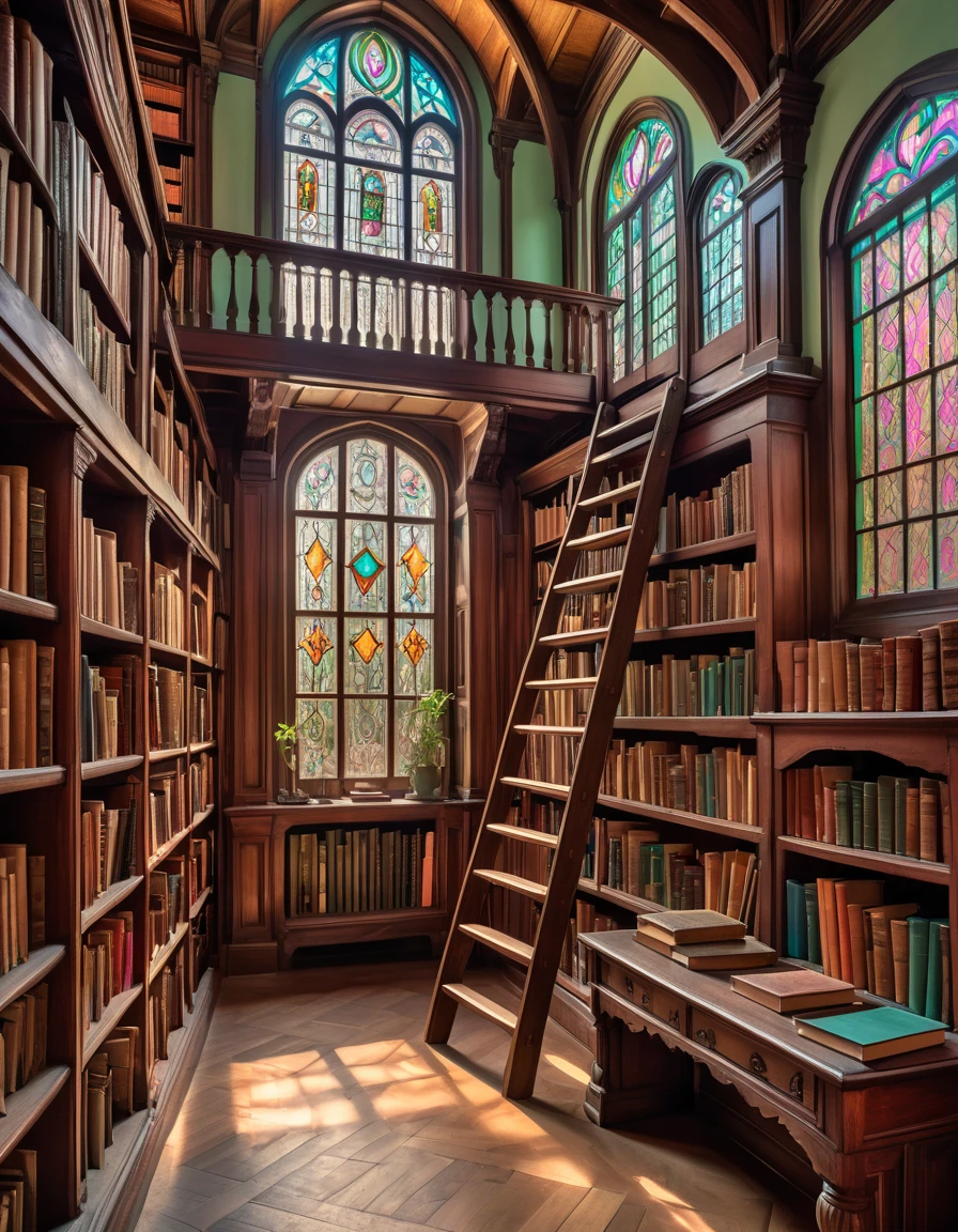 An old library with tall, wooden shelves filled with books, stained glass windows, and a wooden ladder leaning against a shelf. The atmosphere is mysterious and historical.pastel-colored background,HDR,32k,hyper maximalism,sharp focus,photo raw