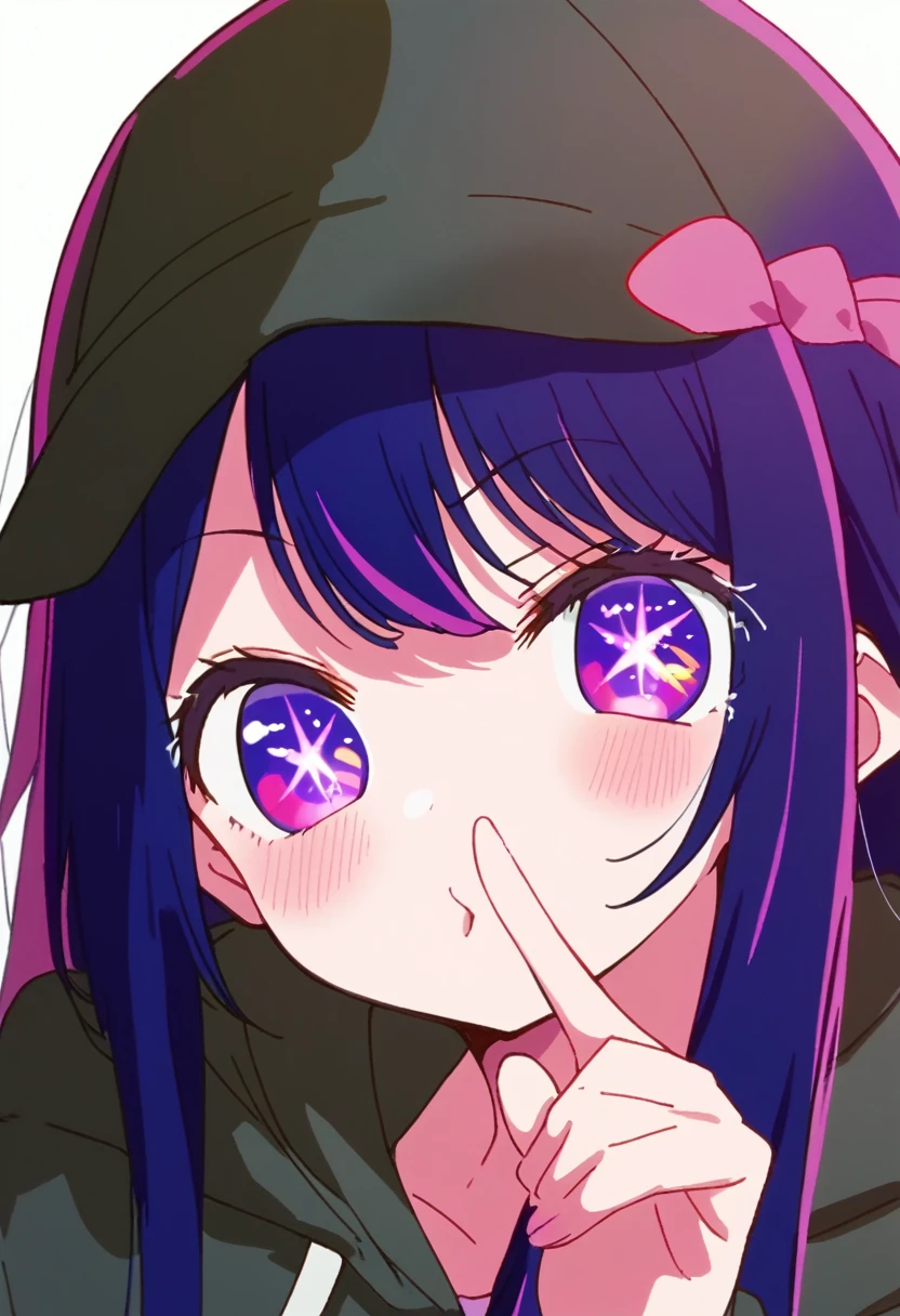 One Girl、(/Hoshino Ai\)、🤫、Posing index finger in front of mouth、Black hoodie、Black cap、Purple-like hair、Multicolored eyes, such as purple and pink、Shining stars in your eyes、A little blush、White background