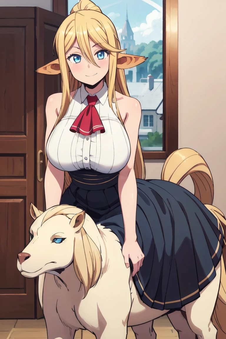 best quality, masterpiece, (absurdres), 1girl, solo, looking at viewer, smile, centaur, taur, centorea shianus, (brown fur:1.1), huge breasts, ascot, blonde hair, blue eyes (black skirt:1.3), white shirt, sleeveless
