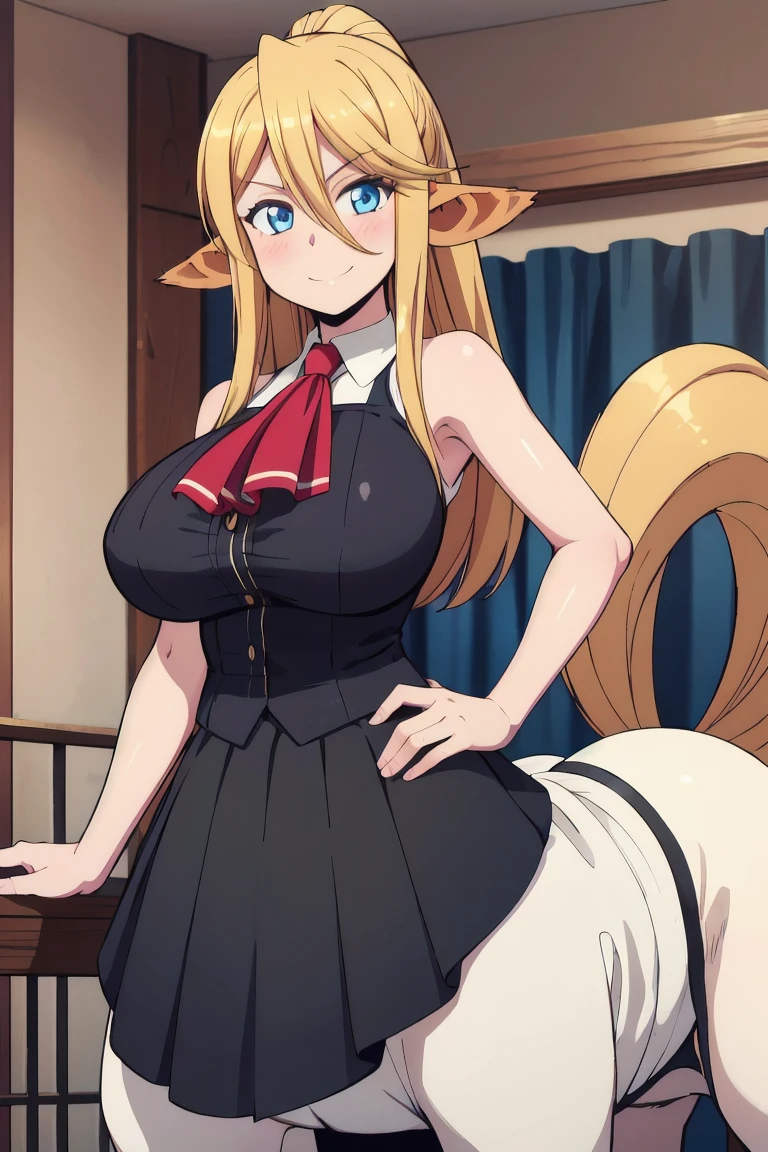 best quality, masterpiece, (absurdres), 1girl, solo, looking at viewer, smile, centaur, taur, centorea shianus, (brown fur:1.1), huge breasts, ascot, blonde hair, blue eyes (black skirt:1.3), white shirt, sleeveless