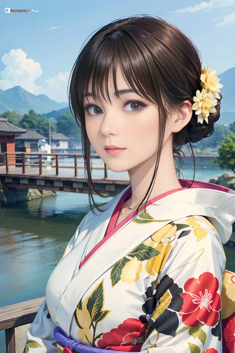 (Highest quality、 8k 、masterpiece、High resolution)、(whole body)、Vibrant colors、Brown-black bob、Traditional round topknot、Ample breasts、(Highly detailed face and eyes、Beautiful Face、Beautiful Eyes、Beautiful nose、Pretty lips)、 (Beautiful woman standing on a riverside observation deck)、A friendly gaze、Oh!！Facial expression that、(Vivid floral patterned kimono)、Official Art、  The background is a wide river、Nearby bridge、Riverside streetscape、Mountains in the distance、Detailed CG、