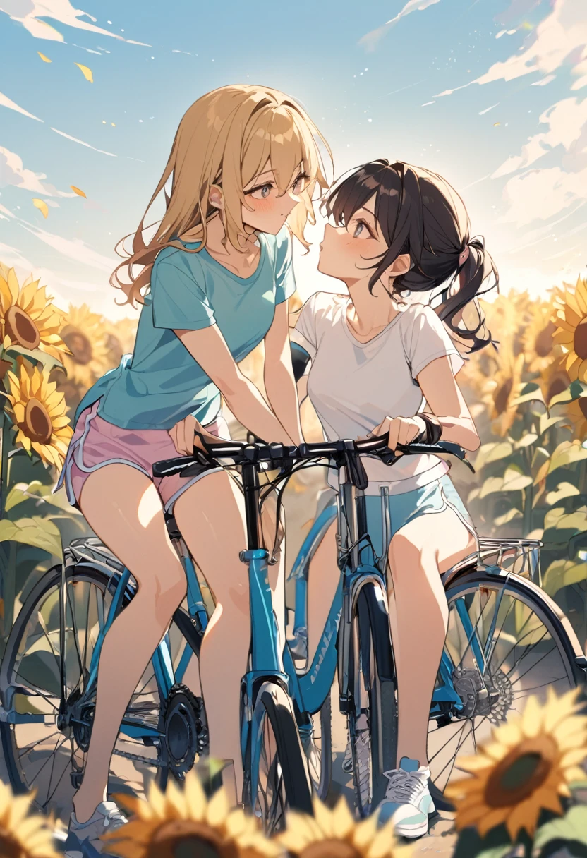 Two girls kiss while astride bicycles, dolphin shorts, sunflower field
