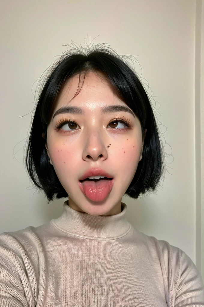 (masterpiece:1.3), (8k, Realistic, RAW Photos, Highest quality: 1.4), (One girl), Beautiful Face, (Realistic Face), (Black Hair, short hair:1.3), Beautiful hairstyle, Realistic eyes, Beautiful attention to detail, (Realistic Skin), Beautiful Skin, (sweater), Absurd, Charm, Ultra-high resolution, Ultra-realistic, Very detailed, Golden Ratio,White teeth,Pink Lips,