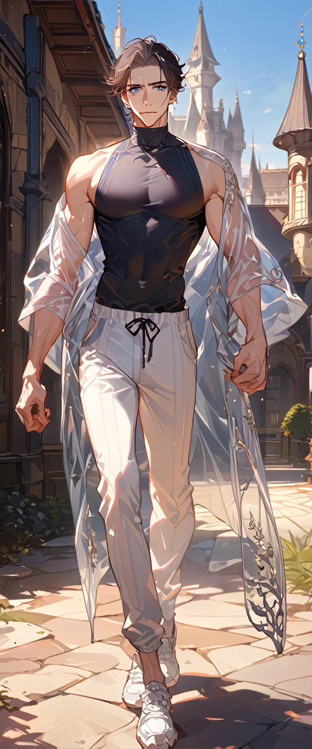 masterpiece, best quality, 8k ,4k ,solo, male, short dark blue reddish hair, black sleeveless turtle neck shirt, transparent robe hanging by the shoulder, transparent embroidery robes, white jogger pants, Walking, Manly pose, muscle arms, plain black armband, bangs, blue reddish eyes, pale skin, sharp look, Sharp eyes, Morning walk, Castle Hall Background, high quality, extremely detailed, finely detailed eyes and detailed face, slender body, inspired by Asukaziye artist : ask, art style : ask