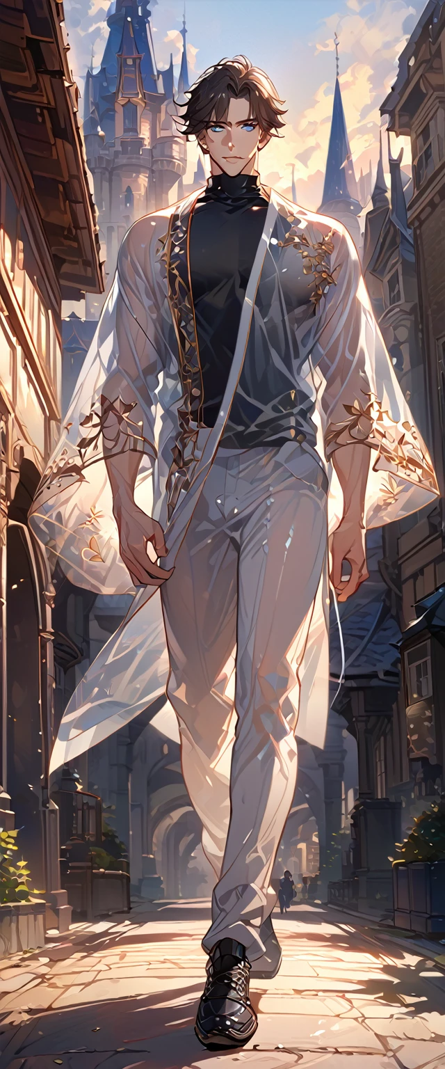 masterpiece, best quality, 8k ,4k ,solo, male, short dark blue reddish hair, black sleeveless turtle neck shirt, transparent robe hanging by the shoulder, transparent embroidery robes, white jogger pants, Walking, Manly pose, muscle arms, plain black armband, bangs, blue reddish eyes, pale skin, sharp look, Sharp eyes, Morning walk, Castle Hall Background, high quality, extremely detailed, finely detailed eyes and detailed face, slender body, inspired by Asukaziye artist : ask, art style : ask
