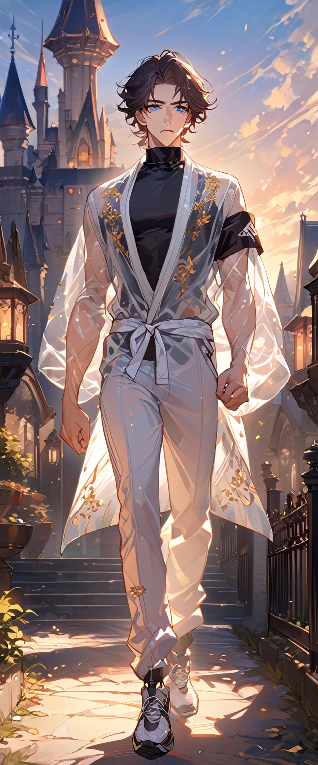 masterpiece, best quality, 8k ,4k ,solo, male, short dark blue reddish hair, black sleeveless turtle neck shirt, transparent robe hanging by the shoulder, transparent embroidery robes, white jogger pants, Walking, Manly pose, muscle arms, plain black armband, bangs, blue reddish eyes, pale skin, sharp look, Sharp eyes, Morning walk, Castle Hall Background, high quality, extremely detailed, finely detailed eyes and detailed face, slender body, inspired by Asukaziye artist : ask, art style : ask