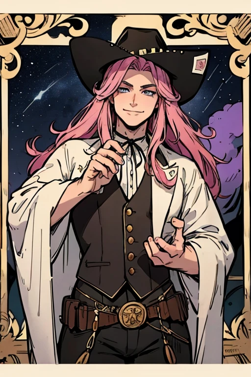 Perfect face. Perfect hands. A handsome pink haired cowboy with violet eyes and long hair in a sheriff's outfit is watching the stars in a wild west town with a big smile
