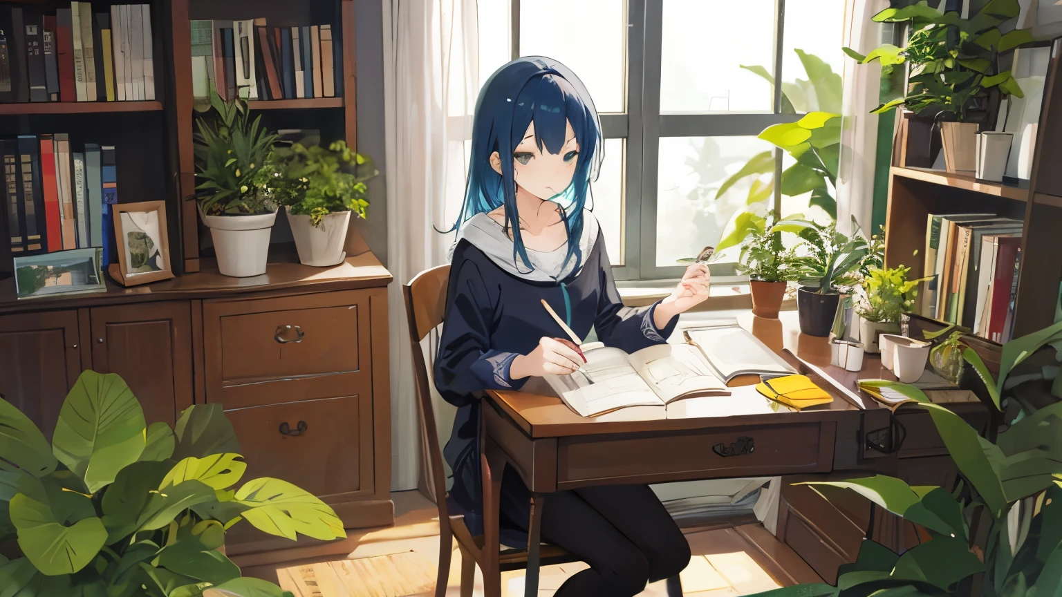 Cute Woman, studying, Room with plants, Anime Style, A calming style