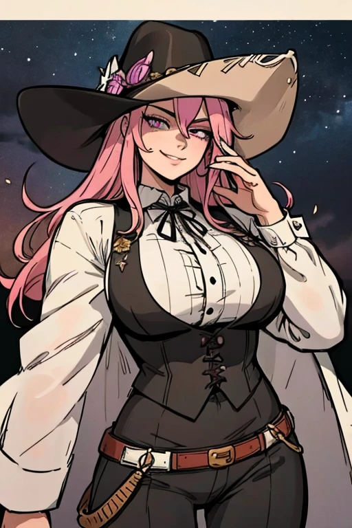 Perfect face. Perfect hands. A handsome pink haired cowboy with violet eyes and long hair in a sheriff's outfit is watching the stars in a wild west town with a big smile