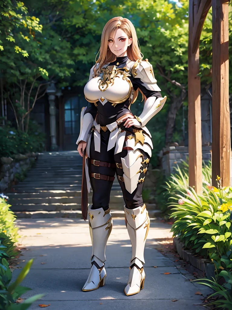 a woman wearing very heavy white armor with gold details, wearing a dark brown hunting suit, squeezing, beige long hair, orange eyes, smiling, breasts big, in a fantasy forest, walking on a concrete walkway, holding a shield,HDR, work of art, well-defined, ultra resolution, high qualiy, 8k hd. (just one woman, standing alone)
