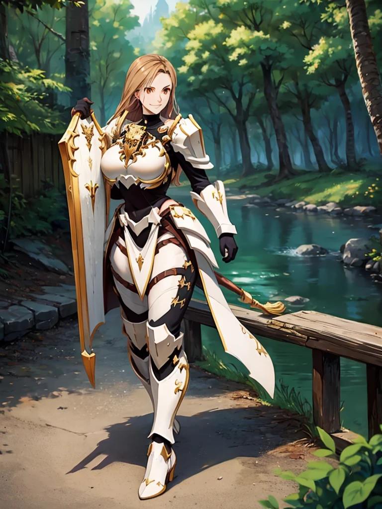 a woman wearing very heavy white armor with gold details, wearing a dark brown hunting suit, squeezing, beige long hair, orange eyes, smiling, breasts big, in a fantasy forest, walking on a concrete walkway, holding a shield,HDR, work of art, well-defined, ultra resolution, high qualiy, 8k hd. (just one woman, standing alone)
