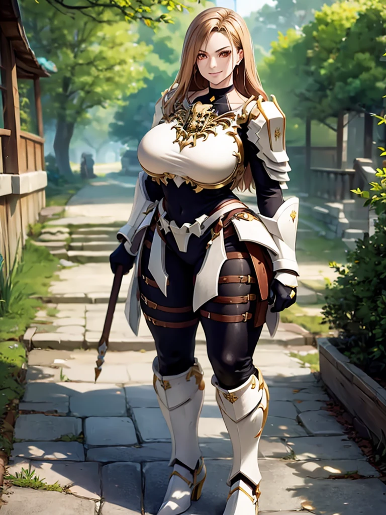 a woman wearing very heavy white armor with gold details, wearing a dark brown hunting suit, squeezing, beige long hair, orange eyes, smiling, breasts big, in a fantasy forest, walking on a concrete walkway, holding a shield,HDR, work of art, well-defined, ultra resolution, high qualiy, 8k hd. (just one woman, standing alone)
